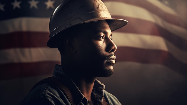 A man in a hard hat stands in front of a flag that says'america '