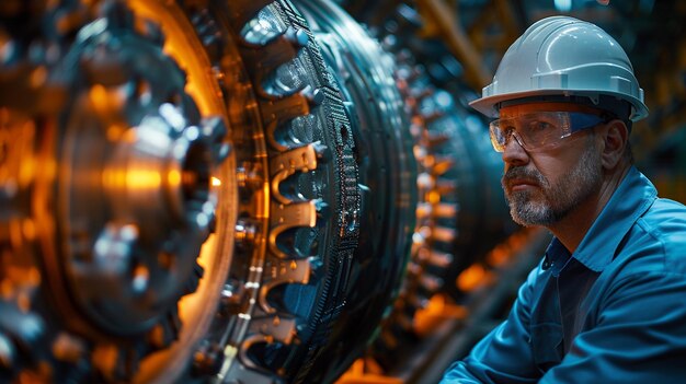 a man in a hard hat stands in front of a large engine