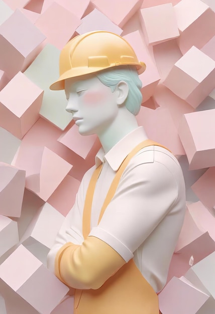 Photo a man in a hard hat stands in front of a pink and white wall with many pink squares