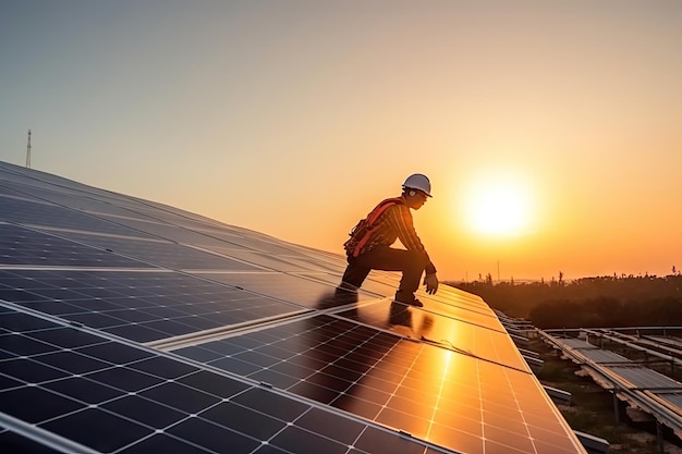 A man in a hard hat stands on a roof of a solar building, looking at the sun setting behind him.