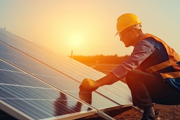 A man in a hard hat works on a solar panel.