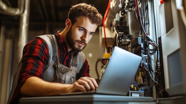 Photo a man in a hardhat and blue workwear uses a laptop in an industrial setting