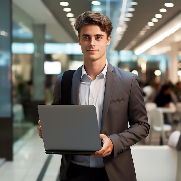 A man has a laptop in hand