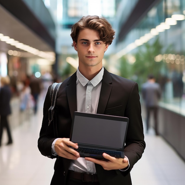 A man has a laptop in hand