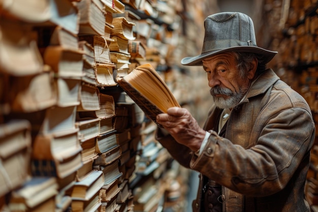 Man in a hat examining piles of books