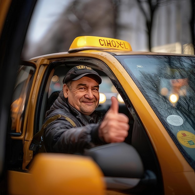 Photo a man in a hat gives a thumbs up while driving a yellow taxi