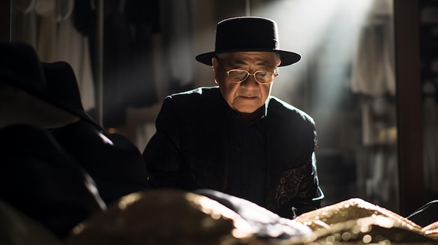 a man in a hat and glasses sitting in a room