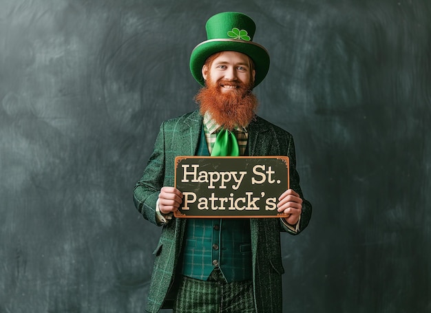 Photo man hat green traditional irish attire holding happy st patricks day sign copy space