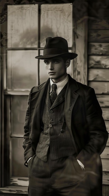 a man in a hat and a hat stands in front of a cabin