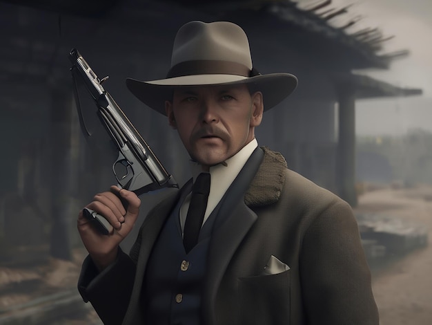 a man in a hat holding a gun and a gun