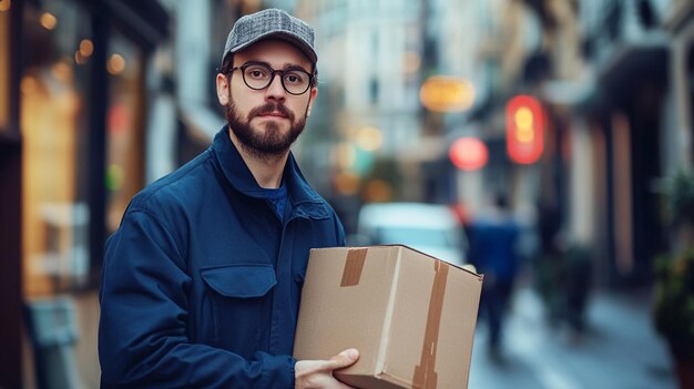 a man in a hat holds a box that says quot hes holding it quot