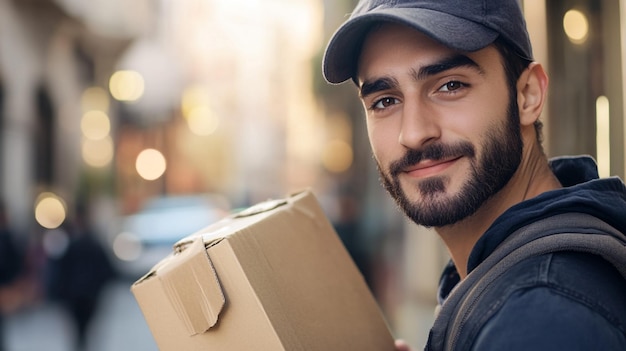 a man in a hat holds a box with the word  on it