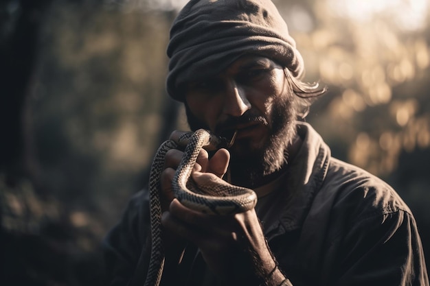 A man in a hat holds a snake in his hands.