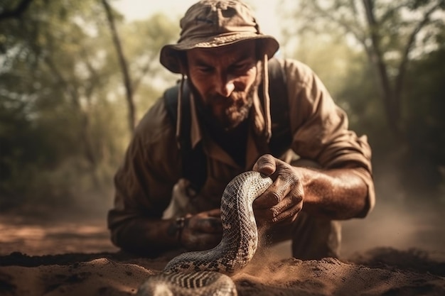 A man in a hat holds a snake in his hands.