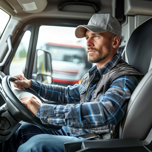 a man in a hat is driving a truck with a red truck behind him