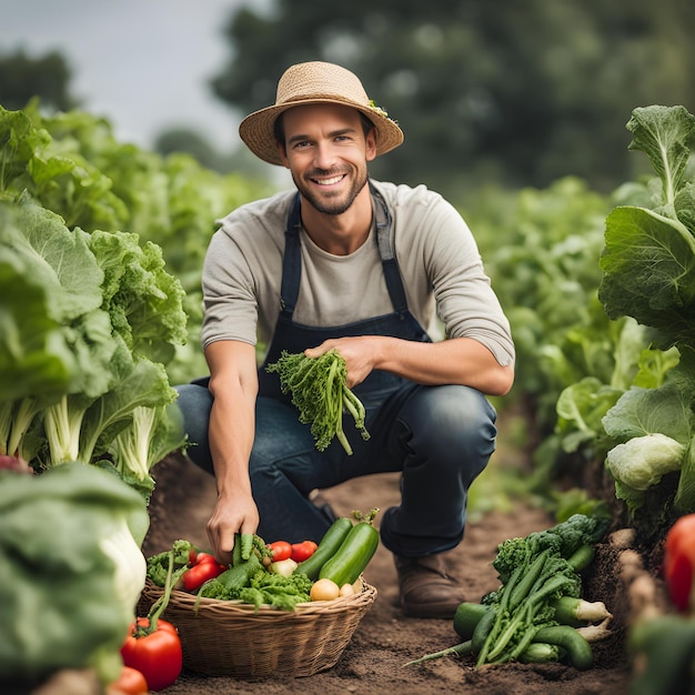 a man in a hat is holding a basket of vegetables