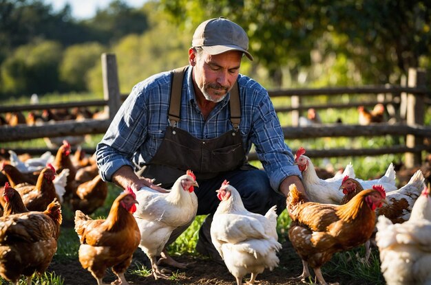 a man in a hat is kneeling in front of chickens