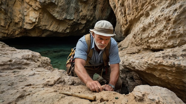 a man in a hat is looking into a hole in the rocks