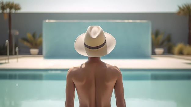 A man in a hat is looking out at a swimming pool.