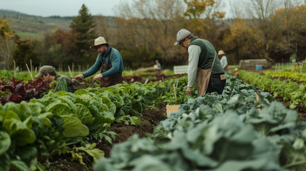 Photo a man in a hat is picking lettuce from a field