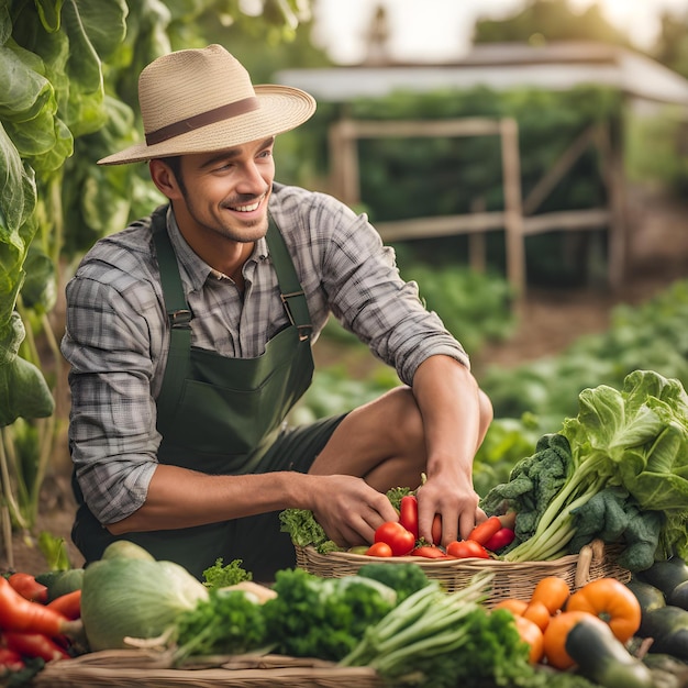 a man in a hat is sitting in a basket with vegetables