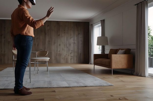 a man in a hat is standing in a living room with a couch and a lamp