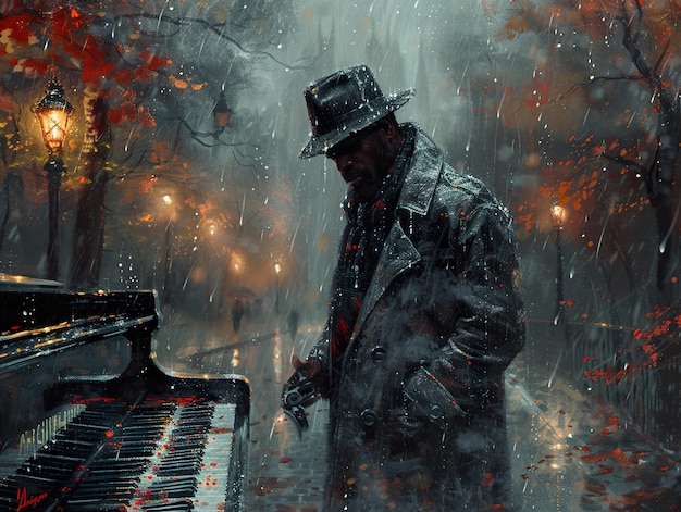 a man in a hat is standing in the rain with a gun