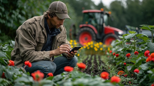 Photo a man in a hat is using a tablet in a field of flowers