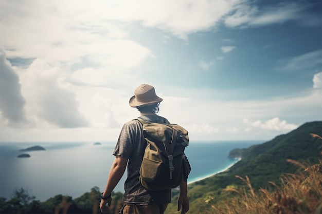 A man in a hat looks out over a mountain and the ocean