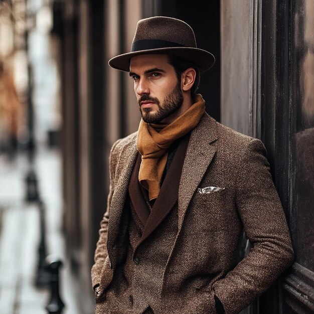 Photo a man in a hat and scarf stands in front of a building