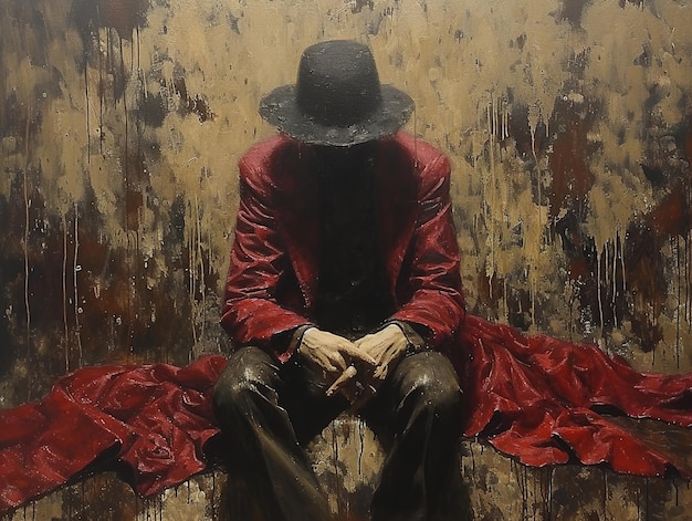 a man in a hat sits in front of a wall with a red shirt on it