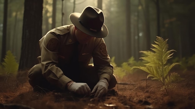 A man in a hat sits on the ground in a forest, looking at a plant.