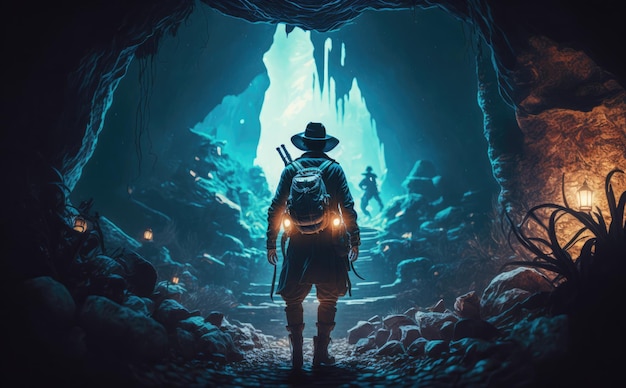 A man in a hat stands in a cave looking at a man in a hat.