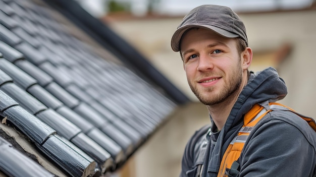 Photo a man in a hat stands in front of a roof with a black roof