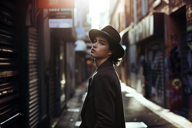 a man in a hat stands in front of a shop