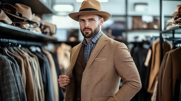 Photo a man in a hat stands in front of a suit with a hat on it