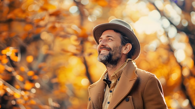 a man in a hat stands in front of a tree with autumn leaves