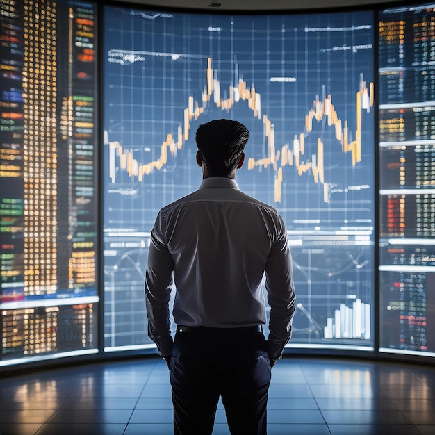 a man in a hat stands in front of a wall of graph graph