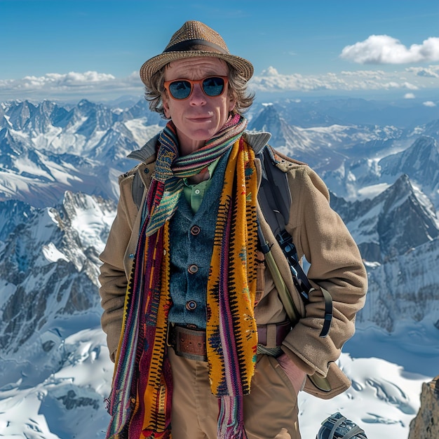 a man in a hat stands on a mountain with a scarf around his neck