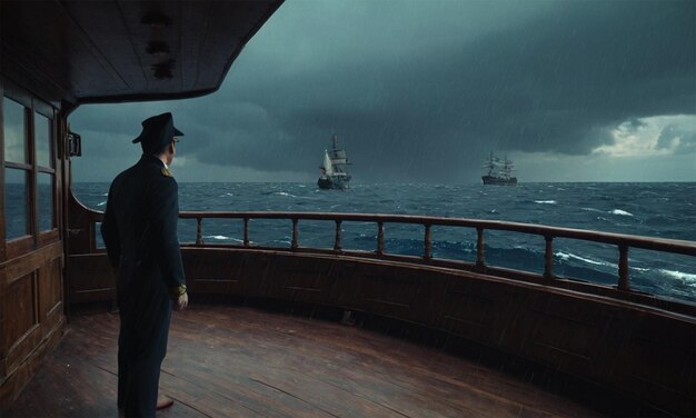 Photo a man in a hat stands on a ship with ships in the background