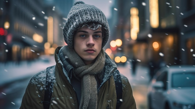 A man in a hat stands in the snow in the city.