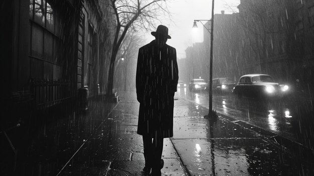 a man in a hat stands on a wet sidewalk in the rain