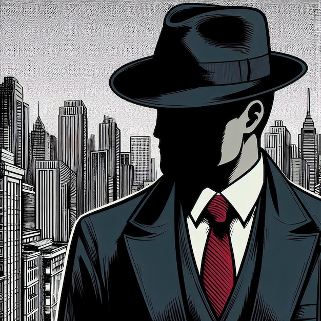 Man in a hat and suit on the background of the city Comic Style