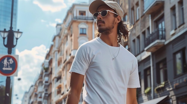 a man in a hat and sunglasses is walking in the street