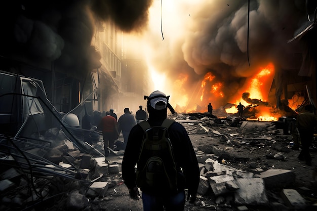 A man in a hat walks towards a burning building with a large fire in the background.