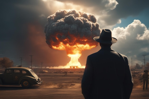 The man in the hat watching the atomic bomb explosion