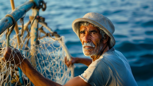 A man in a hat and white shirt is fishing