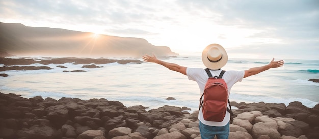 A man in a hat and with a backpack stands on the ocean shore with his arms spread out to the sides rear view banner Generative AI