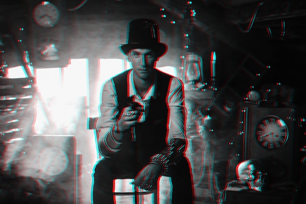 Man in hat and with cane cosplays a character of steampunk computer game Inventor's cyberpunk concept with 3d glitch effect of virtual reality black and white