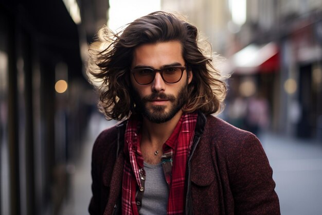 A man have nice hairstyle wearing trendy high quality clothes fashion photography